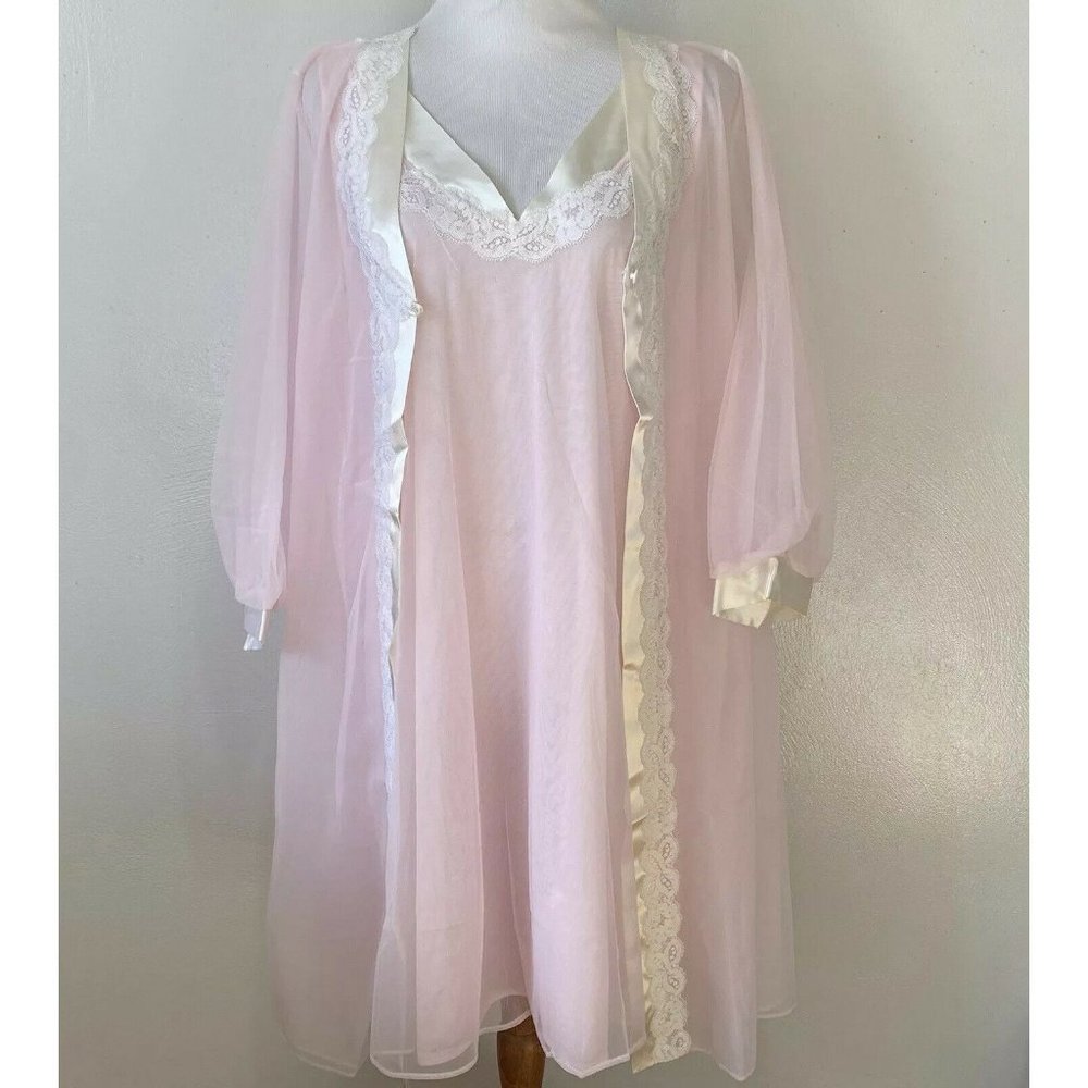 VTG 50's 60's Peignoir Set Pink Nylon Chiffon Lace